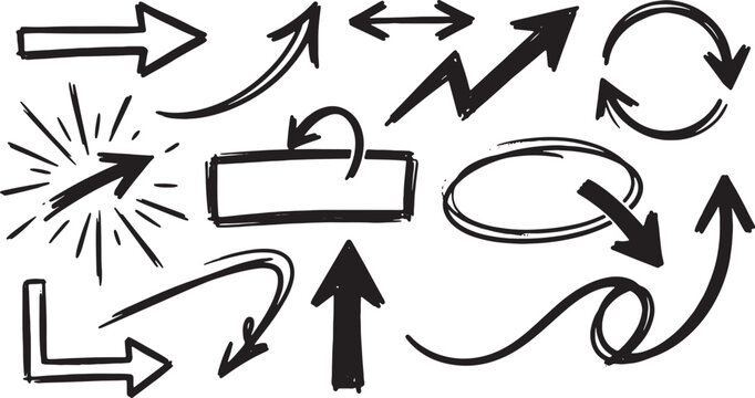 Hand-drawn arrows and symbols on white background, circle starburst