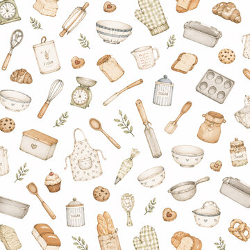 baking kitchen utensils illustrations seamless pattern