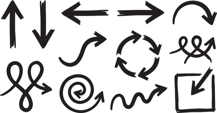 Hand-drawn arrows, circles, and squares in black ink on white background, lines curves