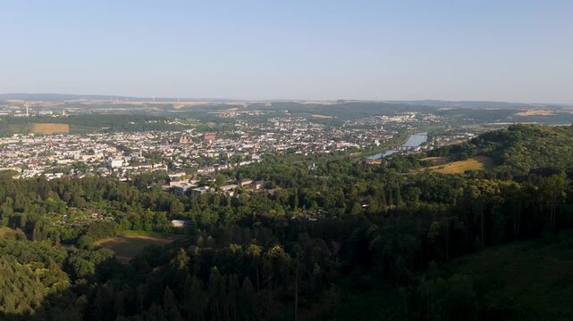 Trier cityscape and Mosel river, aerial view, ancient roman city and bridge in the Moselle Valley, Germany, summer landscape rhineland palatinate