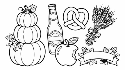 Black and White Coloring Page of Autumn Harvest Theme with Stacked Pumpkins, Beer Bottle, Pretzel, Wheat, Bitten Apple, and Acorn Banner, Outline Vector Illustration © titin