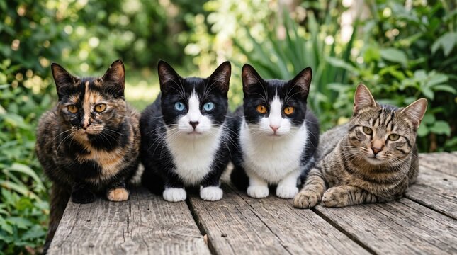 Group of four cats lounging together in an outdoor garden setting