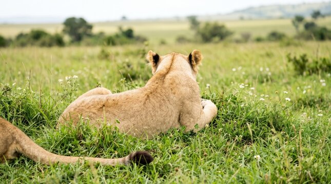 Lioness stretched out resting on the open savannah grassland