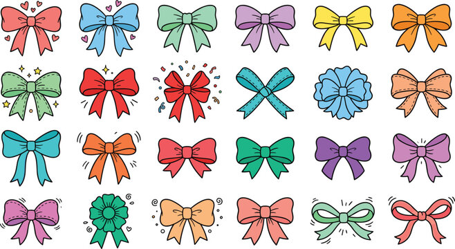 Colorful Cute Hair Bows and Ribbon Ties Vector Set with Decorative Confetti Stars and Hearts Elements for Gift Wrapping Birthday Cards and Fashion Designs
