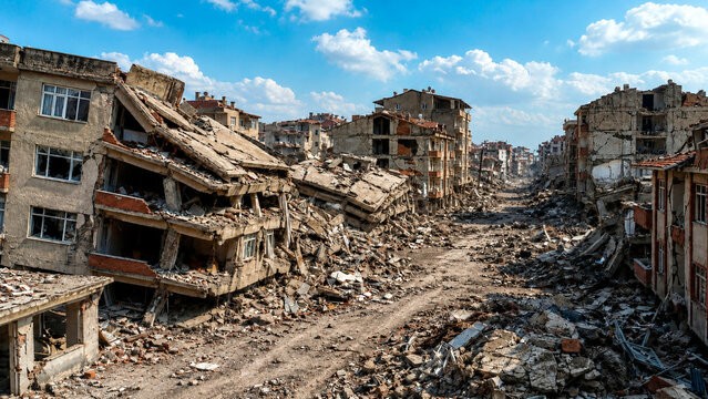 Devastated city street filled with rubble and collapsed buildings. Aftermath of a severe earthquake or war destruction. Urban disaster zone under a blue sky