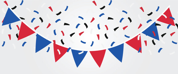 Fototapeta premium Festive red and blue bunting flags with falling confetti on a white background.