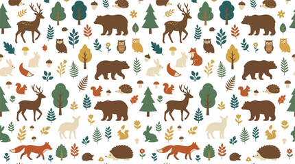 Obraz premium Forest wildlife animals and trees seamless pattern with wildlife, seamless