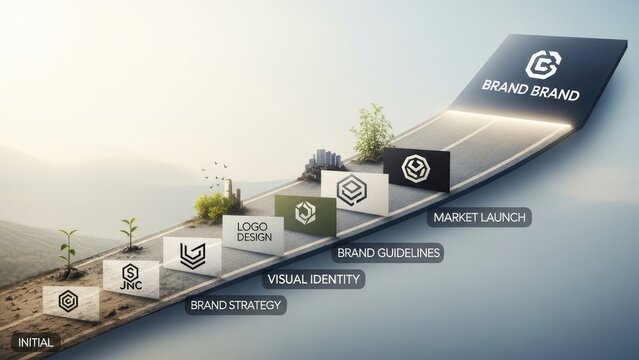 Brand development process concept visual showing growth and business stages