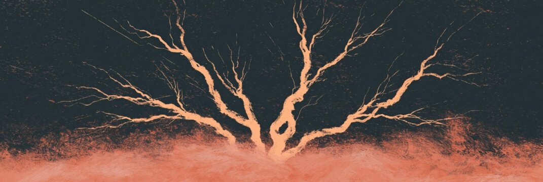 Abstract branching lightning roots shape with dusty orange mist for dark background and wallpaper design
