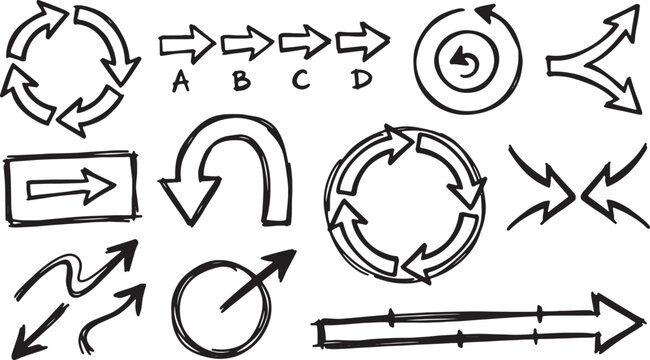 Hand-drawn arrows, symbols, and geometric diagrams in black ink shapes