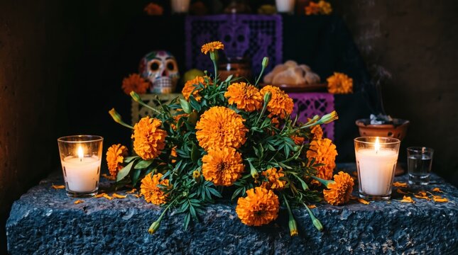 Traditional Dia de los Muertos ofrenda decorated with marigolds and candlelight