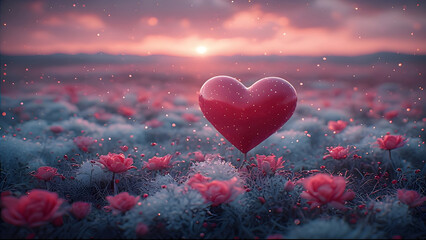 Fototapeta premium Romantic Heart Balloon Floating Over Dreamy Floral Meadow at Sunset