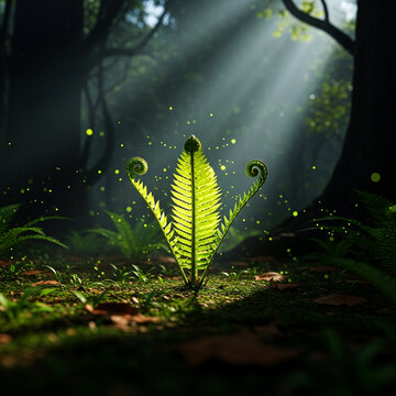 a green fern frond glowing in a dark forest floor under a single bright sunbeam with magical particles
