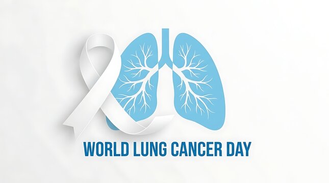 World lung cancer day design with blue anatomical lungs and white ribbon