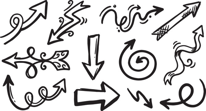 Hand-drawn arrows, symbols, and shapes in black on white doodles