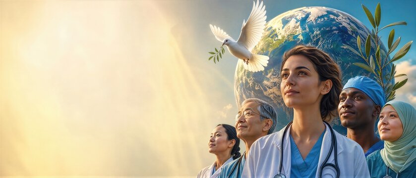 Diverse group of doctors including woman and man looking up at flying dove above globe. International Day Doctors of the World for Peace. Banner with copy space
