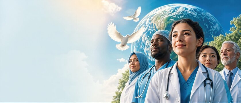 Diverse group of doctors standing together under blue sky with flying doves and globe. Medical professionals promoting world peace and global health. Banner with copy space