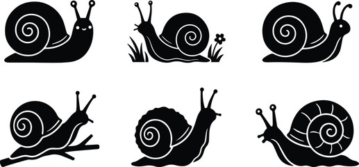 Snail Silhouette Icon Set Collection – Snail Shell, Garden Snail, Escargot, Mollusk, Gastropod, Black Glyph Vector Icons Isolated . © DobirUddin