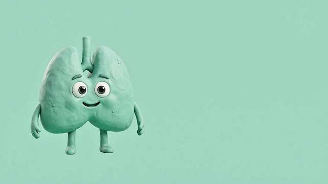 Cute 3d cartoon lungs character breathing on pastel mint background, pediatric respiratory motion graphic with copy space