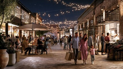 Obraz premium Family walking through a bustling outdoor market square at night under string lights