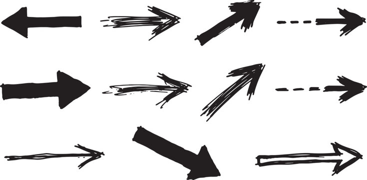 Hand-drawn black arrow in various styles and directions line straight