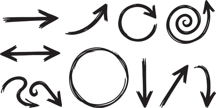 Hand-drawn black arrows and circles in various directions curved
