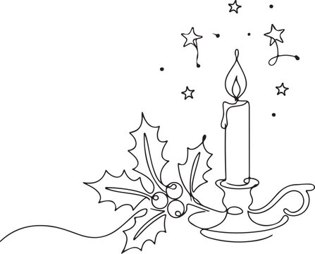 Elegant christmas line art holly candle and stars festive holiday decoration for seasonal greetings and crafts