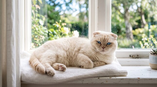 Cream Scottish Fold cat gazing out from a sunlit windowsill