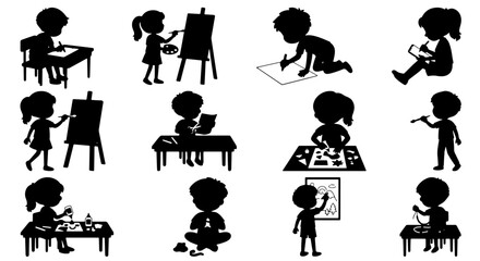 Children's Art Activities Silhouettes, Kids Drawing and Painting Icons, Creative Childhood Education Vector Set