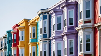 Obraz premium Colorful Row Houses with Bay Windows Under a Clear Blue Sky, Architectural Facade Detail