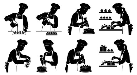 Obraz premium Baker Silhouette Set, Pastry Chef Decorating Cakes and Desserts, Culinary Art Vector Icons