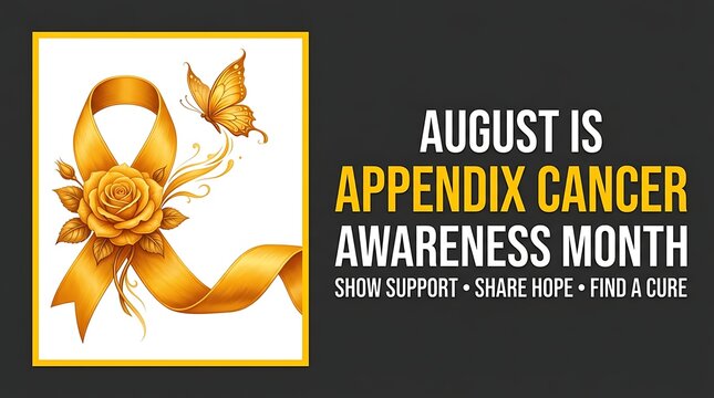 August appendix cancer awareness month gold ribbon banner poster with appendix