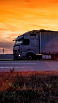 Heavy semi-truck with trailer on highway during vibrant orange sunset, blurred motion, cargo transport vehicle driving on road at golden hour, scenic sky backdrop vertical photo