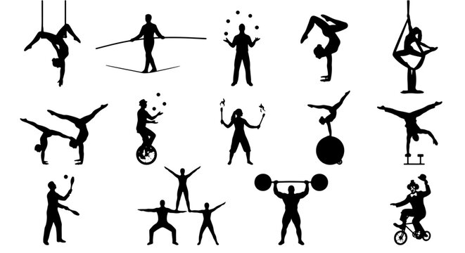 Circus Performers Silhouette Collection, Acrobatics & Juggling Icons, Entertainment & Performance Vector Graphics, Diverse Skills Set