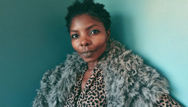 Woman with dark skin and short curly hair wearing a gray fur coat and leopard print top
