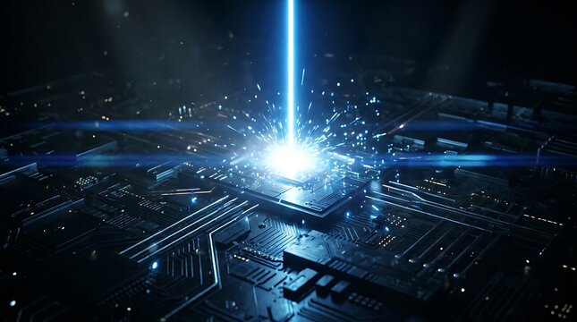 Futuristic Blue Laser Heats a Microchip on Circuit Board in Dark Lab