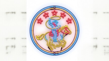Fototapeta premium Neon cowboy riding a horse with lasso and stars sign