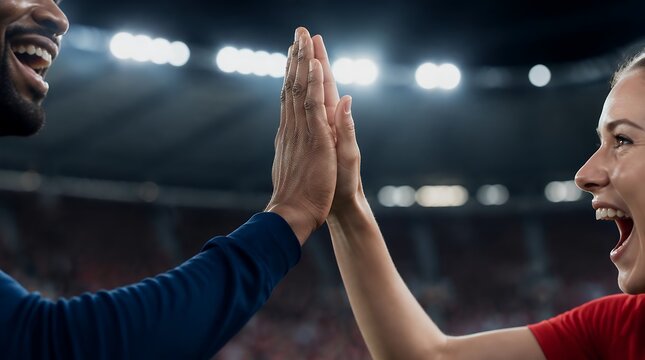Diverse sports fans giving high five at night stadium event.