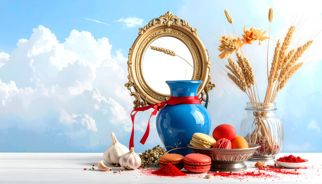 Still Life Composition with Blue Vase, Macarons, and Dried Flowers Against Sky Backdrop.