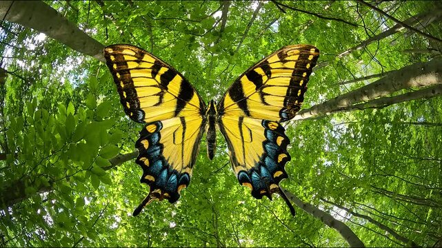 Yellow swallowtail butterfly with open wings in green forest background. Animated cinemagraph, parallax animation, based on an original photograph.