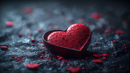 Fototapeta premium Sparkling Red Heart Shape Chocolate Candy on Dark Textured Surface with Falling Glitter