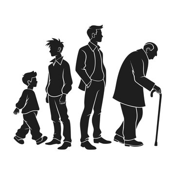 Life stages male age progression silhouette, child teenager adult and old man conceptual graphic asset