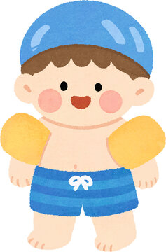 Cute child wearing a swim cap and arm floaties