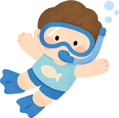 Cute child snorkeling underwater in blue swimwear