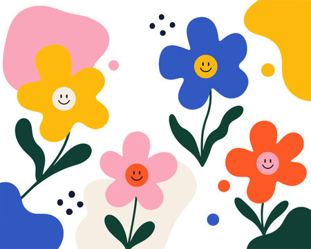 Smiling cartoon flowers with happy faces in pastel colors. Cute floral vector illustrations for cheerful spring and summer designs.