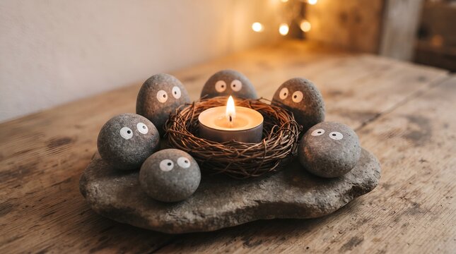 Candle in woven nest surrounded by six pebbles with googly eyes on ...