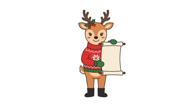 Cute Christmas Reindeer Holding Blank Scroll