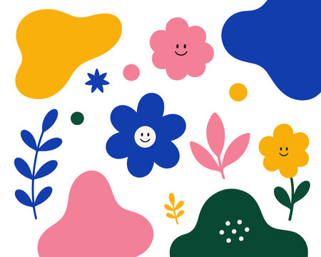 Cute smiling flowers and plants with faces in pastel colors. Whimsical botanical vector illustrations for cheerful branding and children's designs.
