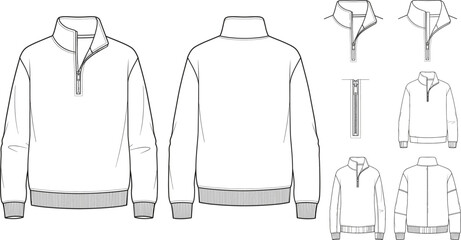 Quarter zip pullover sweatshirt technical flat sketch vector illustration with front and back views for fashion design © Lalchan