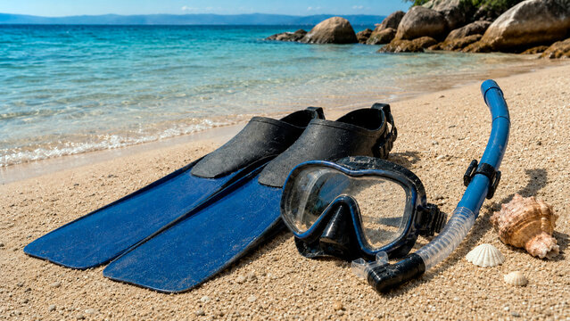 Blue snorkeling gear with mask and fins on a sandy beach. Scuba diving equipment and seashells near the ocean water. Summer vacation and tropical travel concept